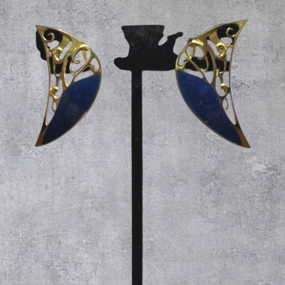 Berebi Crescent Moon Earrings Womens Blue Gold Tone Vintage Filigree